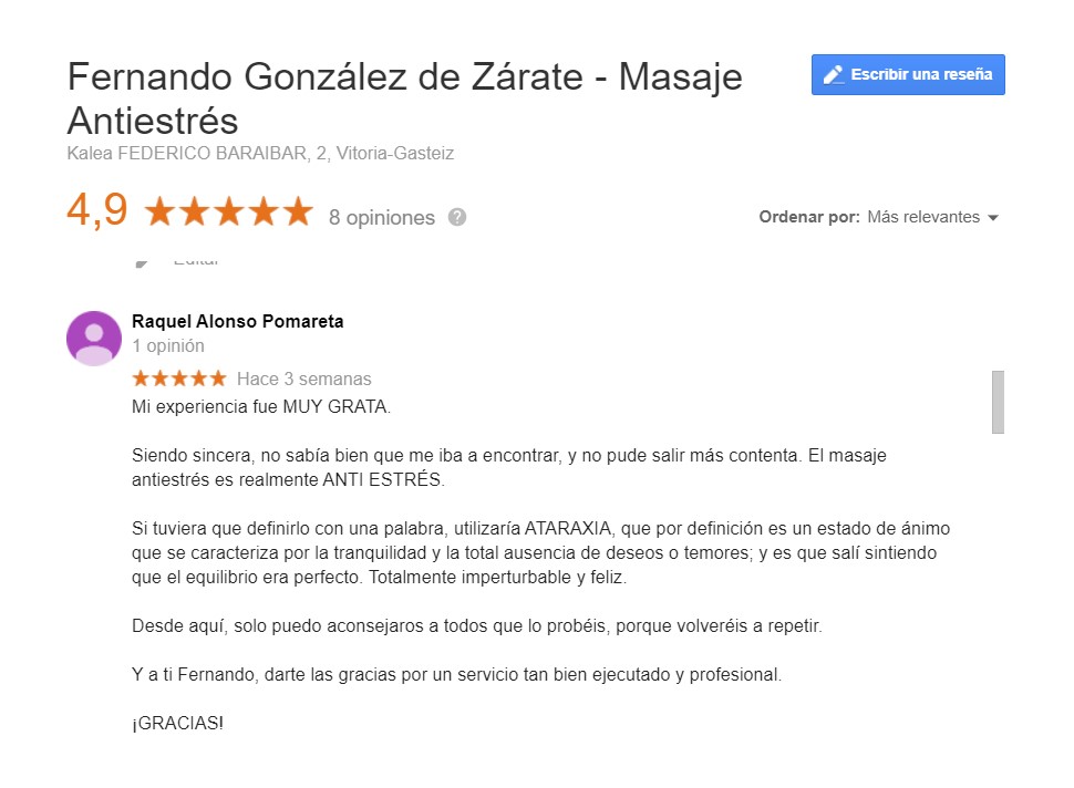Testimonio de Clientes en Google sobre el Masaje Antiestrés de Fernando González de Zárate Alonso, en Vitoria
